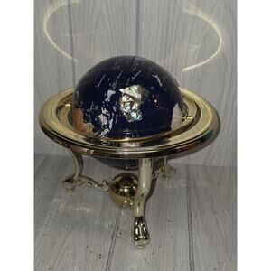 Unique Gem Semi Precious Gemstone World Map Globe Gold Tone Tripod Tabletop